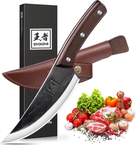 Vista 14 de ENOKING Cuchillo de carnicero de 5.7 pulgadas, cuchillo forjado a mano resistente para huesos con mango de madera, cuchillo de carnicero de espiga