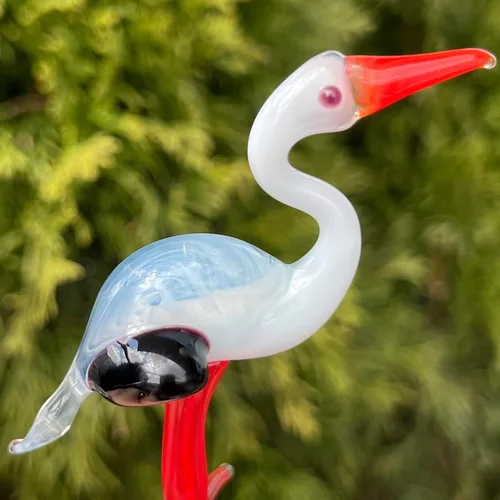 Vista 3 de Figura de cigüeña de cristal, escultura de pájaro de vidrio soplado a mano, adorno de cigüeña en miniatura, figura de animal de vidrio artístico
