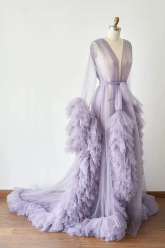 Vista 2 de BATHGOWN Sexy ilusión larga lencería de tul bata camisón bata de baño ropa de dormir bata nupcial bufanda de boda
