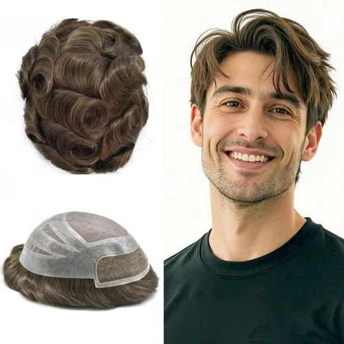 Vista 22 de Toupee - Piezas de pelo para hombres, cabello humano real, sistema de reemplazo de cabello francés, encaje francés, extensiones de cabello