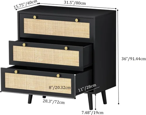 Vista 2 de Anmytek Juego de 2 cómodas negras con 3 cajones para dormitorio, cómoda moderna de madera con 3 cajones, cómoda negra con amplio almacenamiento