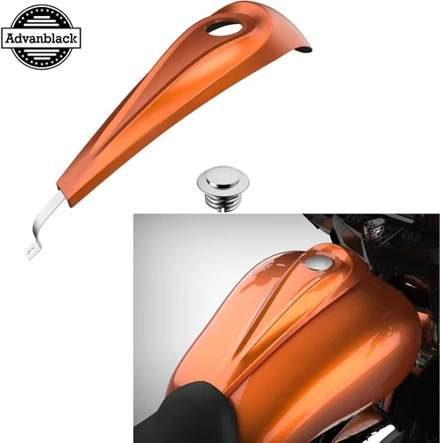 Vista 2 de Consola de tanque de perfil bajo para Harley Touring 2008+, whisky ámbar, panel de combustible de tablero liso y tapa de tanque de gasolina cromada