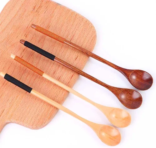 Vista 2 de Cucharas de madera 4PCS Cucharas de madera estilo chino Durable Cuchara de mango largo Cuchara de madera de arroz Sopa de postre Cuchara de postre