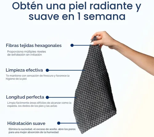 Vista 5 de Toalla exfoliante para la cara y el cuerpo - Toalla exfoliante japonesa con fibras hexagonales, exfoliante corporal con 2 lados para frotar y lavar