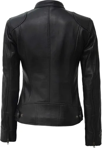 Vista 4 de Blingsoul - Chaqueta de cuero marrón para mujer, estilo Cafe Racer negro para mujer