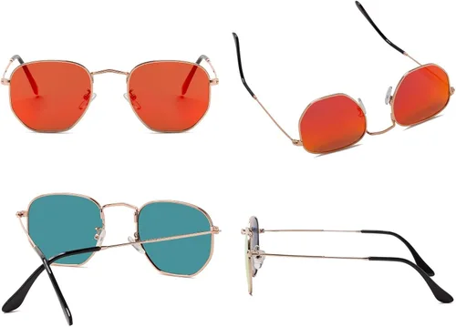 Vista 4 de Hipster. - Lentes de sol polarizados hexagonales para hombre y mujer, diseño geométrico, cuadrados, pequeños, marco de metal vintage, gafas de sol