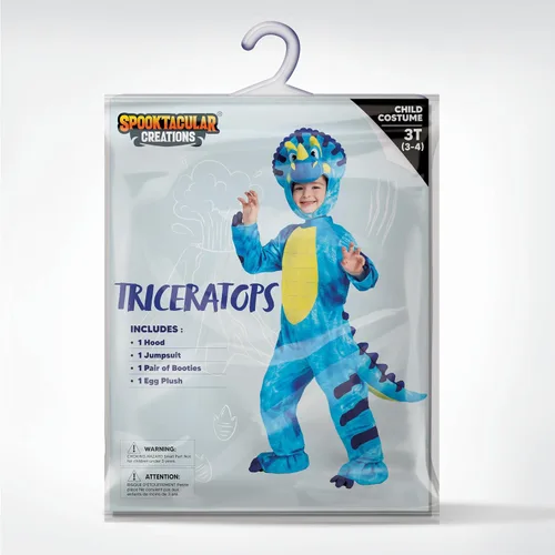 Vista 5 de Spooktacular Creations Disfraz de triceratops para niños, disfraz de dinosaurio azul con huevo de felpa para niños, bebé, niño pequeño, mono