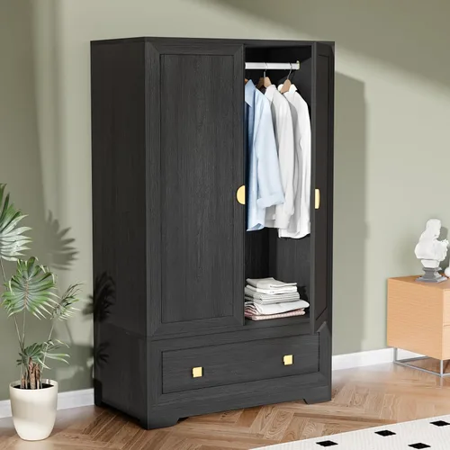 Vista 11 de VINGLI Armario Ropero Acanalado con Puertas y Cajones, Gabinete Armario con Barra para Colgar, Armario de Dormitorio de Madera de Roble, Armario