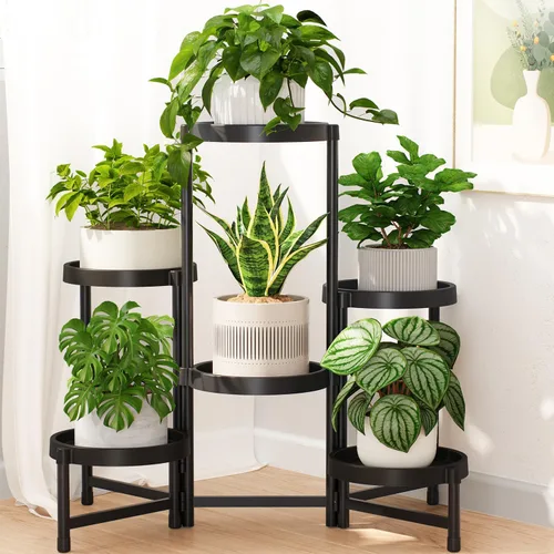 Vista 34 de LASZOLA Soporte plegable de 3 niveles para plantas de interior para múltiples macetas grandes, estante ajustable alto y resistente con estantería