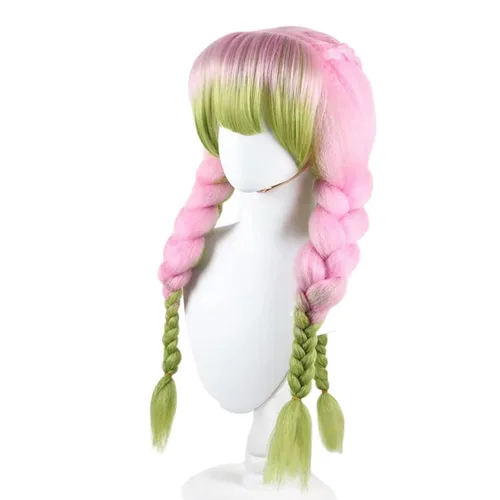 Vista 5 de IMEYLE Kanroji Mitsuri Peluca para Demon Slayer Cosplay peluca larga recta trenzada rosa y verde para mujeres y niñas, peluca sintética de anime