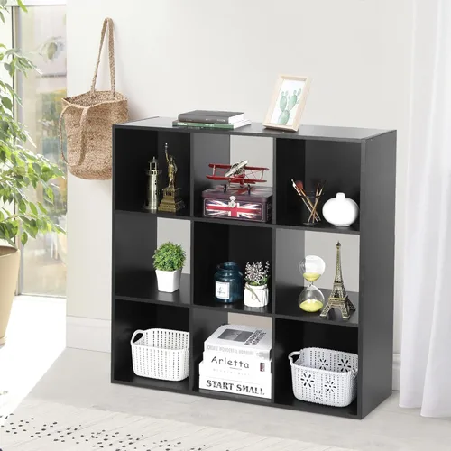 Vista 4 de Organizador de estantes de almacenamiento de 9 cubos, unidad de organización de estantería de madera, estantes de cubo para el hogar, oficina, Negro
