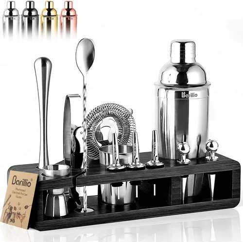 Vista 9 de Barillio Black Bartender Kit – Juego de coctelera de acero inoxidable con soporte de bambú – Herramientas de barra de mixología con coctelera