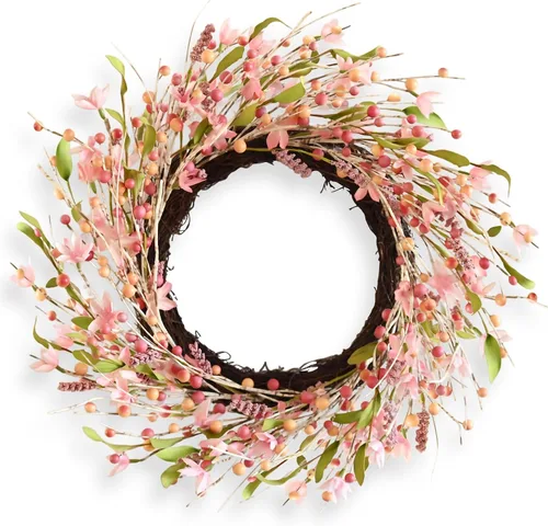Vista 18 de Corona de otoño para puerta delantera, 24 pulgadas, hojas anchas rojas artificiales Baya Borgoña