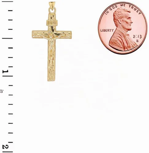 Vista 2 de Joyería religiosa certificada 10k oro amarillo pequeño Jesucristo INRI Crucifijo Crucifijo colgante