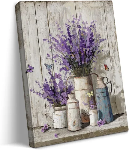 Vista 31 de gaosoul Arte de Pared de Lienzo de Granja Pintura de Campo Francés con Ramo de Lavanda Mariposas Fondo de Madera Envejecida Póster Floral Enmarcado