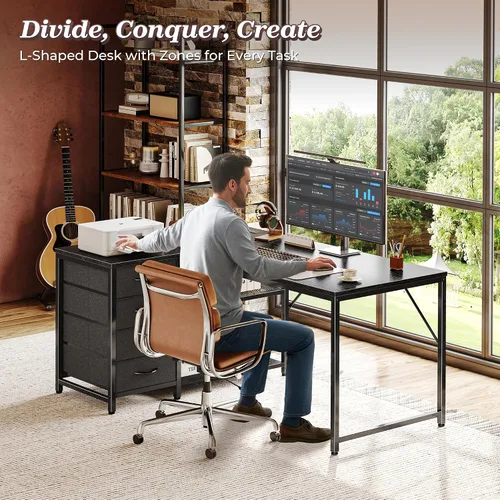 Vista 3 de PRAISUN Escritorio pequeño para computadora de 43.3 pulgadas con tomas de corriente y puerto USB-C, escritorio esquinero reversible en forma de L