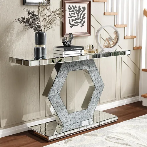 Vista 16 de Henf Escritorio de tocador con espejo para dormitorio, mesa de tocador de maquillaje, mesa de sofá con 2 cajones de diamantes sintéticos, moderno