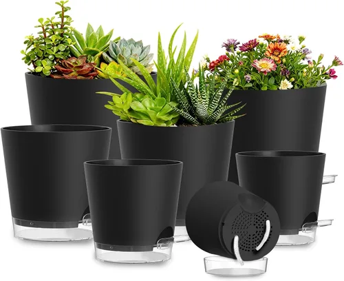 Vista 12 de Macetas de riego automático de 4 pulgadas, paquete de 6 macetas de plástico con agujeros de drenaje y platillos transparentes, macetas de plástico