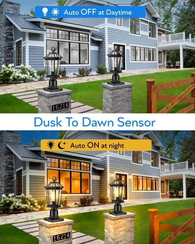 Vista 5 de VIANIS Luces de poste de lámpara para exteriores con sensor de atardecer a amanecer, accesorios de luz de poste de calle de triple cabeza, postes