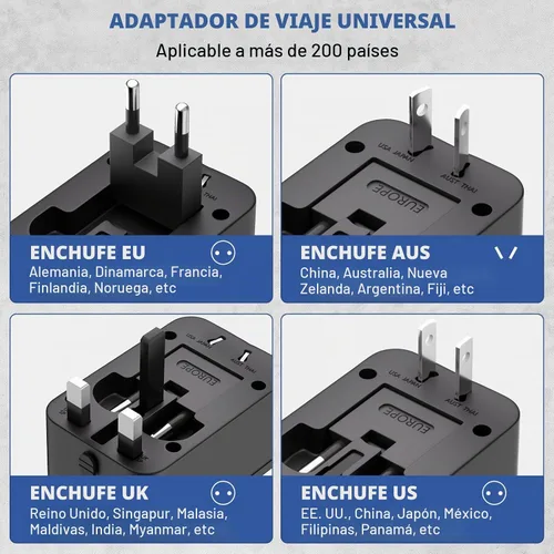 Vista 3 de Adaptador de enchufe de viaje con 2 USB A+1 USB C, adaptador de viaje universal todo en uno, convertidores de corriente, cargador de pared