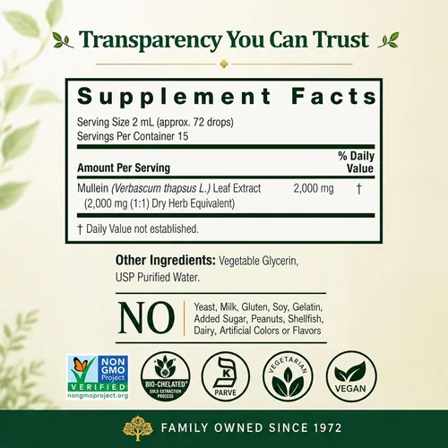 Vista 5 de Nature's Answer Suplemento de hierbas de hoja de gordolobo, 1 oz, sin OMG, sin gluten