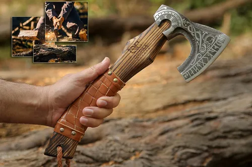 Vista 6 de [Usado] Hacha Vikinga de 13 Pulgadas - Hachetas y Hachas con Mango de Madera de Fresno y Envoltura de Cuero, Hacha para Partir Leña, Hacha