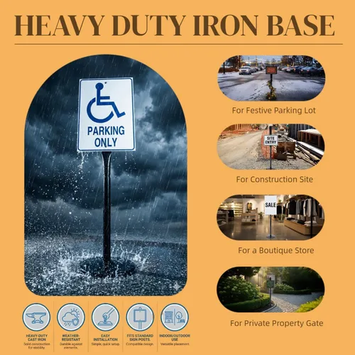 Vista 3 de Kit de poste y base de hierro fundido resistente, soporte de 12 pulgadas con poste de 48 pulgadas y pernos y tuercas para colgar letreros, soporte