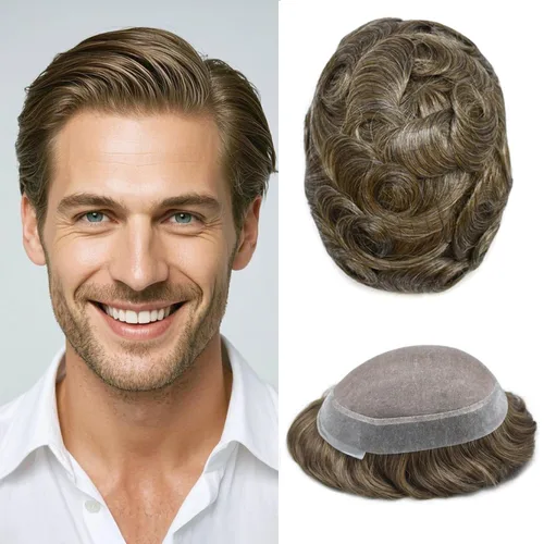 Vista 104 de Toupee para hombres Piezas de pelo fino mono para hombre Toupee sistema de reemplazo de pelo para hombres línea capilar natural para hombre postizo
