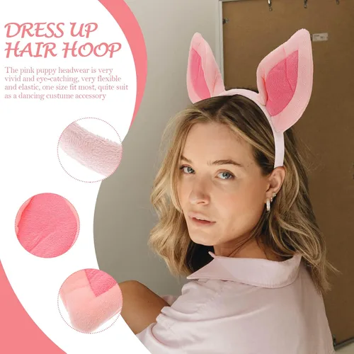 Vista 4 de Beaupretty Diadema con orejas de cerdo para Halloween y cosplay, diadema de animales de felpa para mujeres y niñas, color rosa