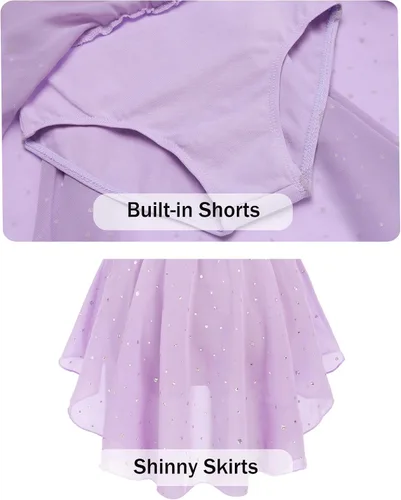 Vista 8 de Arshiner Leotardos de ballet de manga larga para niñas con faldas brillantes, vestidos de baile con espalda cruzada