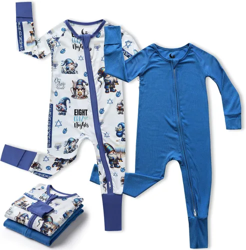 Vista 16 de Pijama de viscosa de bambú con cremallera de 2 vías para cambio de pañal, 0 a 24 meses, suave y elástico, paquete de 2 Oso azul