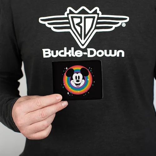 Vista 3 de Buckle-Down Cartera de Disney, plegable, cara sonriente de Mickey Mouse y logotipo de Disney Pride, cuero vegano, Gris, Casual