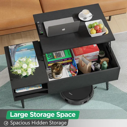 Vista 4 de PayLessHere Mesa auxiliar elevable de 39 pulgadas con almacenamiento ajustable y compartimento oculto, mesa de centro pequeña de madera