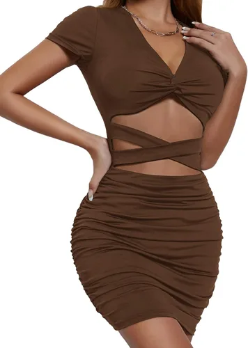 Vista 4 de Umenlele Minivestido corto fruncido de manga corta con nudo torcido para mujer
