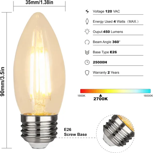 Vista 2 de Bombilla LED B11 regulable para candelabro, base E26, blanco cálido, 6