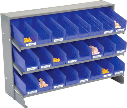 Vista 2 de Global Industrial Estante para banco de 3 estantes, (24) 4" W contenedores azules, 33x12x21