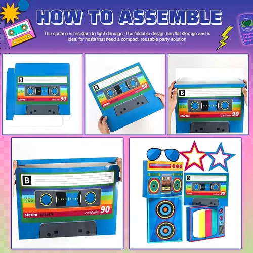 Vista 4 de Weekgrat Juego de 7 piezas de decoraciones de fiesta de los años 80 y 90 en 3D, juego de recuerdos de hip hop, cajas de casete de papel para retro