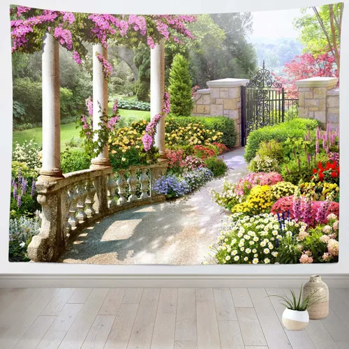 Vista 2 de BELECO Tapiz romántico de jardín secreto de primavera para colgar en la pared, 60 x 40 pulgadas, coloridas flores en flor, plantas verdes, tapiz
