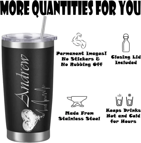 Vista 4 de Vasos personalizados con tapa y pajita, vaso aislado personalizado grabado con nombre, vaso de café de acero inoxidable, regalos para hombres y Negro