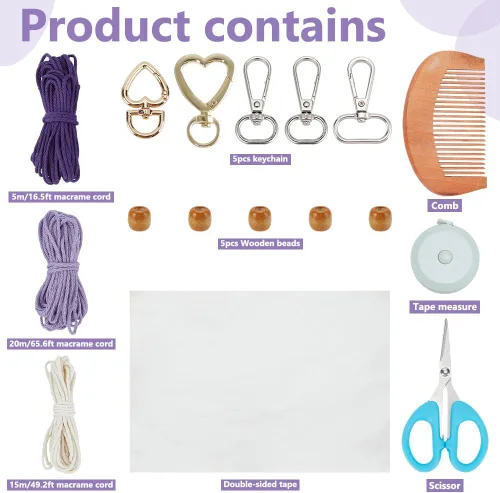 Vista 2 de INFUNLY Juego de 5 llaveros de pulsera de macramé morado, kit de llavero trenzado para adultos, dijes de macramé, juego de nudos con borla bohemia