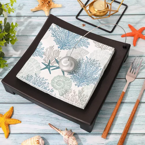Vista 3 de AnyDesign 100 servilletas de papel de océano desechables con estrellas de mar y conchas de coral, servilletas de almuerzo con temática del mar