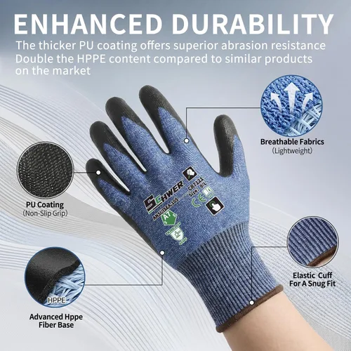 Vista 3 de Schwer 3 pares de guantes de trabajo resistentes a cortes A7, pulgar Azul