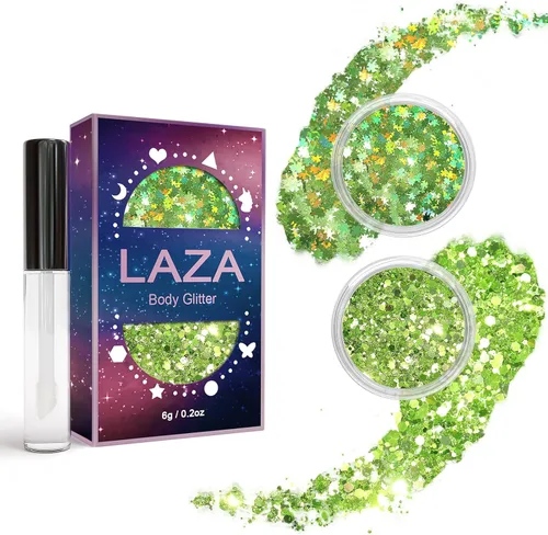 Vista 9 de Laza Purpurina corporal, 2 tarros de lentejuelas gruesas holográficas con pegamento de purpurina, perfecto para mujeres, sombra de ojos, maquillaje