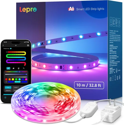 Vista 12 de Lepro S1 - Tira de luces LED AI para dormitorio, tiras de luz RGB inteligentes de 16.4 pies con efectos de persecución IC y arcoíris, segmento