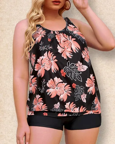 Vista 5 de Yonique - Tankinis para mujer, de dos piezas, parte superior estilo blusón con pantalones cortos para nadar, talla extragrande