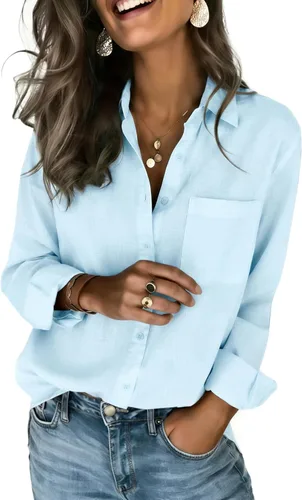 Vista 10 de Zeagoo - Blusas de lino con botones para mujer, de gasa, algodón, manga larga, blusas informales con cuello, corte holgado