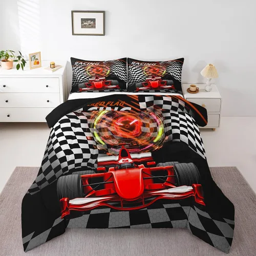 Vista 14 de Feelyou Juego de edredón azul de carreras para niños, juego de ropa de cama de coche deportivo para niños y niños, edredón deportivo geométrico a