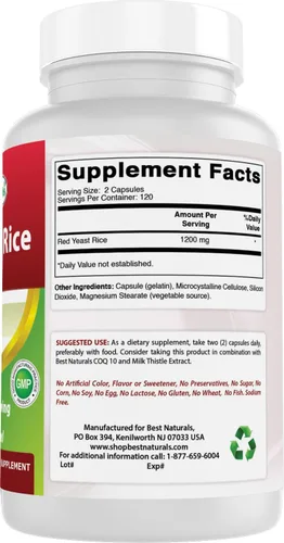Vista 6 de Best Naturals Arroz de levadura roja, 1200 mg por porción, 240 cápsulas, fórmula premium, probado en laboratorio de terceros