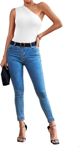 Vista 5 de LYANER Leotardo sexy de un hombro para mujer, fruncido, sin mangas, ajustado