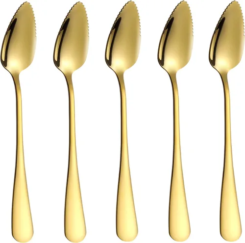 Vista 6 de 5 piezas de cucharas para pomelo, juego de utensilios de cuchara para pomelo de acero inoxidable, borde dentado y mango de calibre grueso